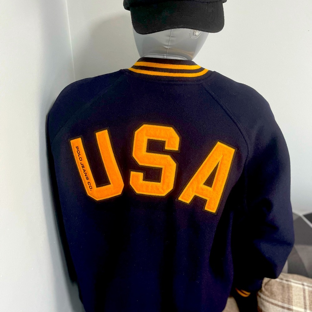Navy Blue and Gold Ralph Lauren Polo Jeans Bomber Jacket with USA Design